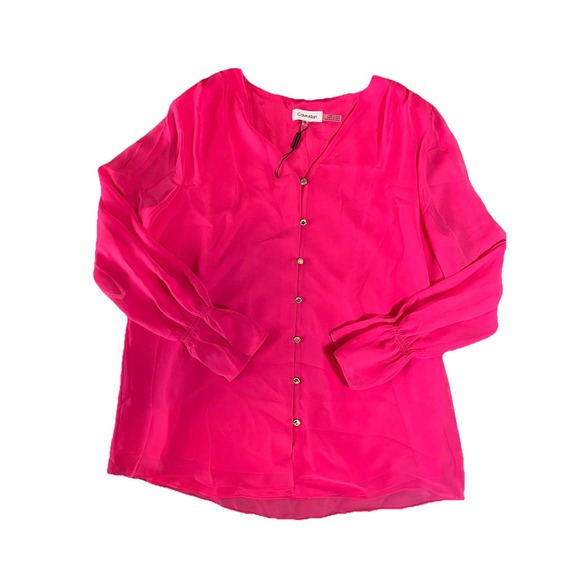 CALVIN KLEIN Hot Pink Fluid Gold Button Blouse Smocked Wrist Sz M Top Career - Picture 1 of 8